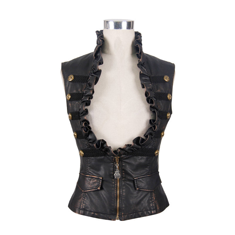 WT00502 Spring biker bronze bared breast wave collar lady steampunk leather short vests
