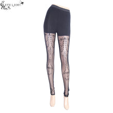 Load image into Gallery viewer, EPT003 witch elastic waistband flocking printed transparent stretchy mesh sexy women leggings
