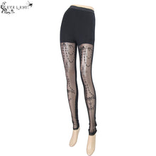 Load image into Gallery viewer, EPT003 witch elastic waistband flocking printed transparent stretchy mesh sexy women leggings
