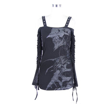 Load image into Gallery viewer, TT043 daily Skull printed long sleeves drawstring halter cotton punk women T-shirt
