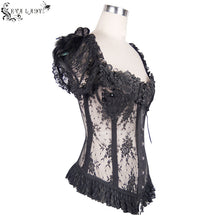 Load image into Gallery viewer, ECST001 Gothic adjustable steel buckles fishbone transparent lace corset with feather flowers
