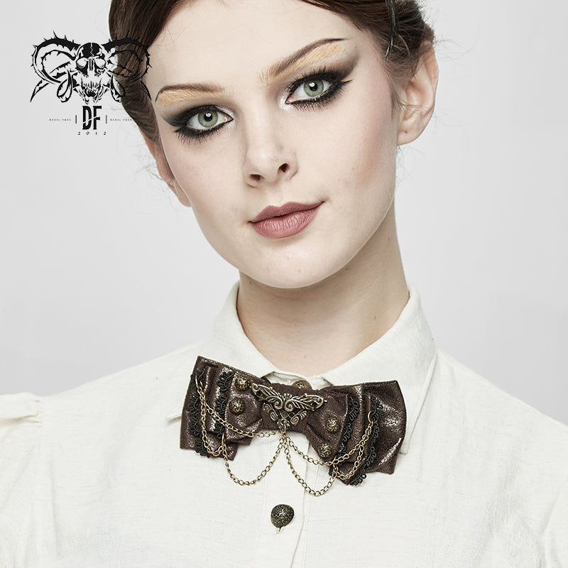 AS056 punk wedding metal chains brown women steampunk leather bow tie