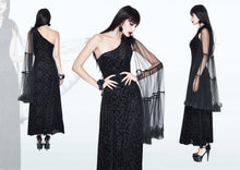 Load image into Gallery viewer, ESKT015 One-shoulder asymmetrical dark pattern stretchy velvet long dress with shawl
