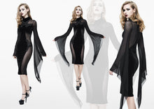 Load image into Gallery viewer, ESKT020 Gothic Cross shape stand collar flared sleeves sexy ladies stretchy middle length velvet dress

