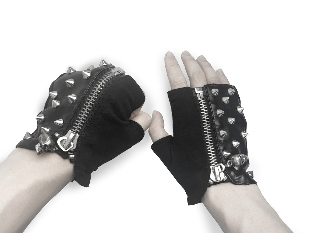 GE010 spiked men punk rock zipper up half-finger leather gloves