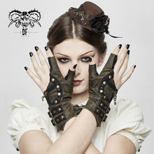 Load image into Gallery viewer, GE014 Brown Steampunk metallic gear women leather gloves with chains
