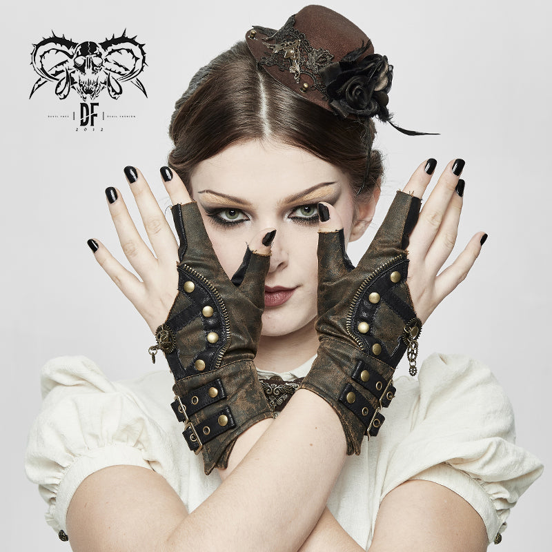 GE014 Brown Steampunk metallic gear women leather gloves with chains