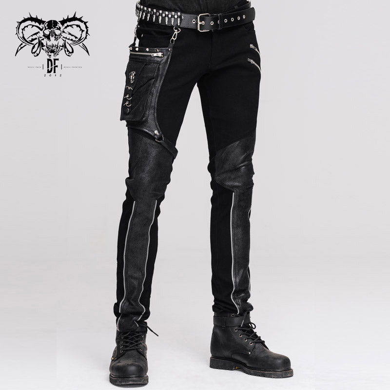 PT02101 daily life punk men fitted black trousers with leg bag