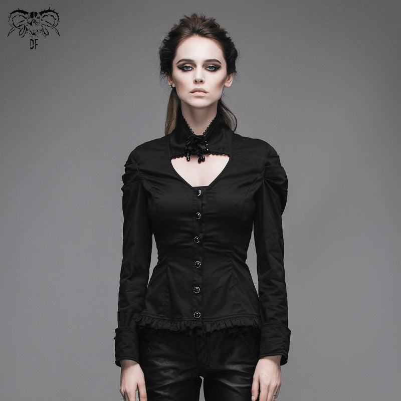 SHT004 Women small collar pleated sleeves everyday wear black elastic blouse with bead pins