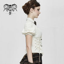 Load image into Gallery viewer, SHT044 Summer Steampunk short puff sleeve women cotton and linen tying white blouse
