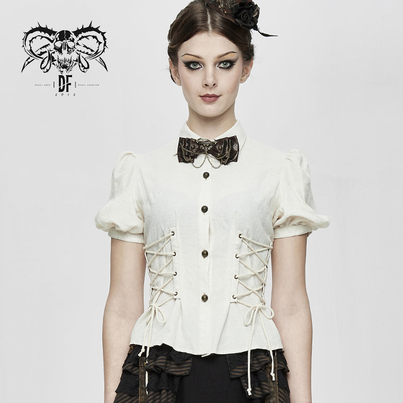 SHT044 Summer Steampunk short puff sleeve women cotton and linen tying white blouse