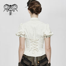 Load image into Gallery viewer, SHT044 Summer Steampunk short puff sleeve women cotton and linen tying white blouse
