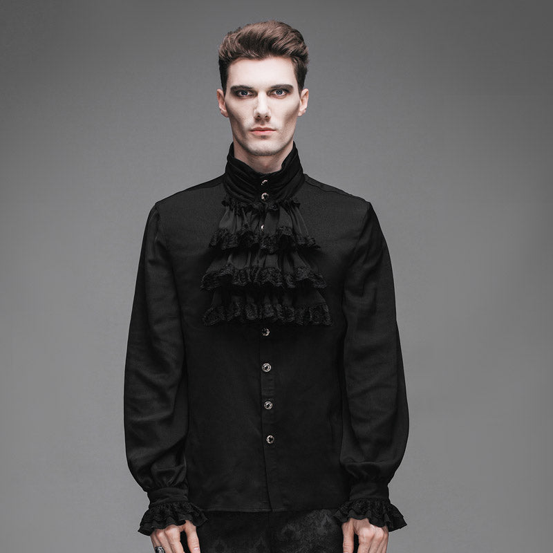 SJM126 Gothic flounce cuff men classic style black chiffon shirt with bow tie