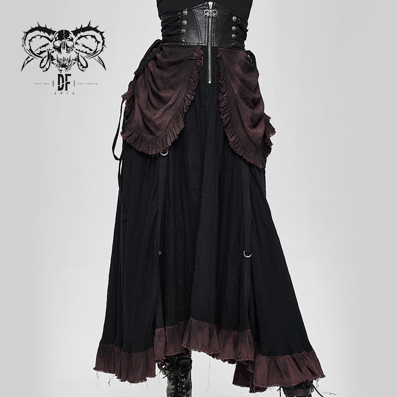 SKT094 festival costume Burgundy printed drawstring faded steampunk half skirt