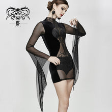 Load image into Gallery viewer, SKT096 Gothic party translucent embroidered flared sleeves sexy ladies velvet dress
