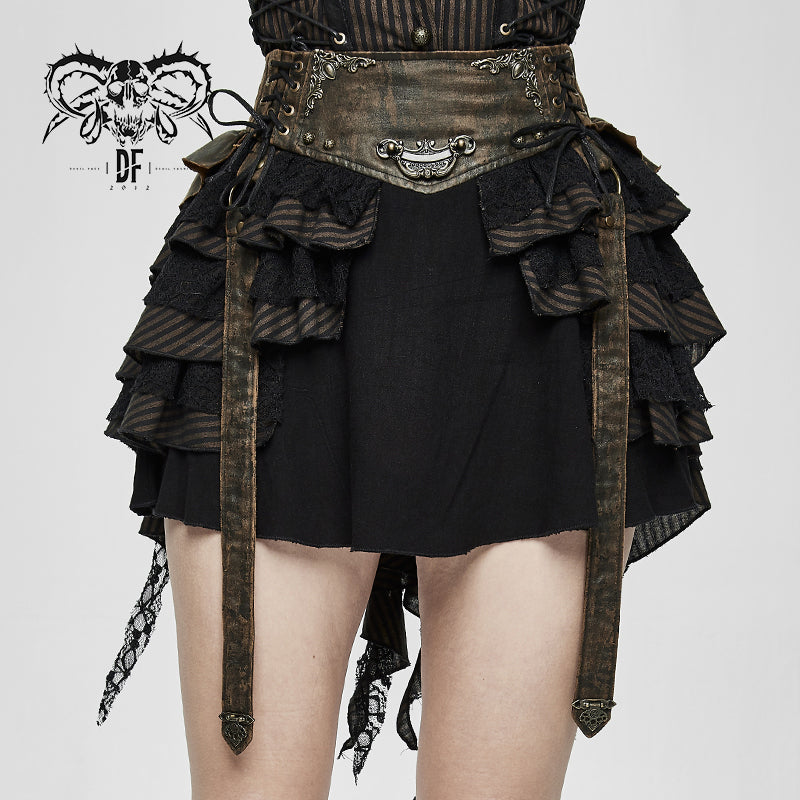SKT107 Steampunk girls multi-layer wavy edges striped short half skirt with corset