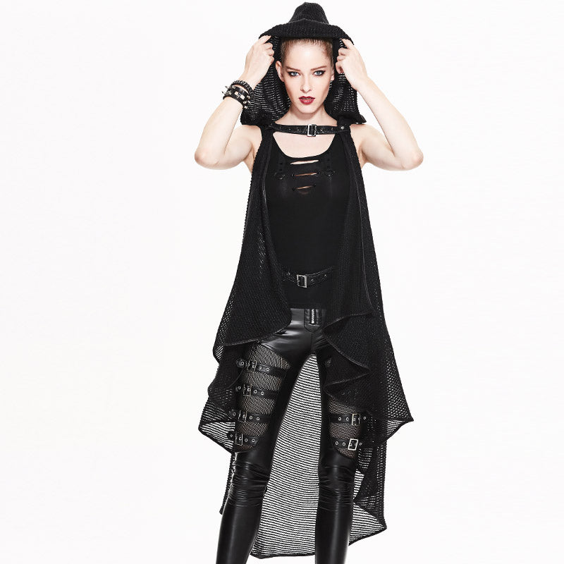SR002 Hallowmas Autumn black woolen striped knitted punk women hooded cape with belt
