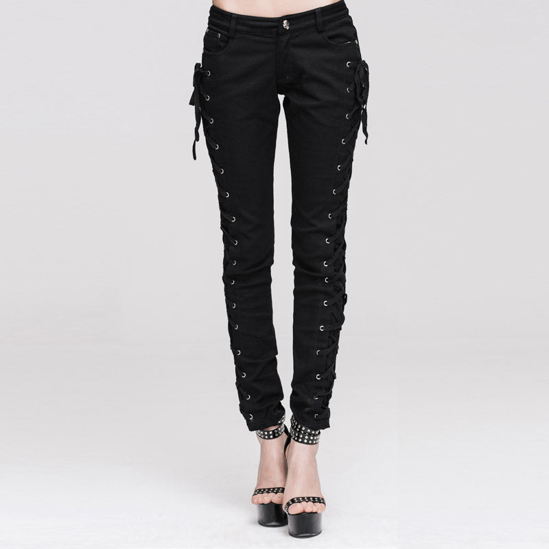 TRW105 daily life Punk style lace up stretchy black women pants