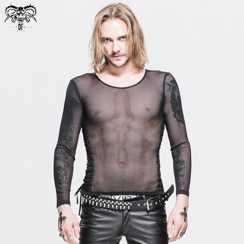 TT035 Best seller daily hexagonal diamond mesh fetish round collar long sleeve men T-shirts