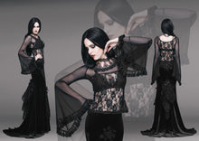 Load image into Gallery viewer, ETT052 Transparent rose lace horn sleeves big round neck sexy women stretchy t-shirt
