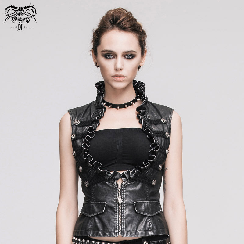 WT00501 Black and silver big opening chest wave collar sexy lady leather waistcoats