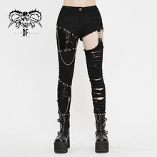 Load image into Gallery viewer, PT121 Punk asymmetrical spliced broken hole women worn out pants with chains
