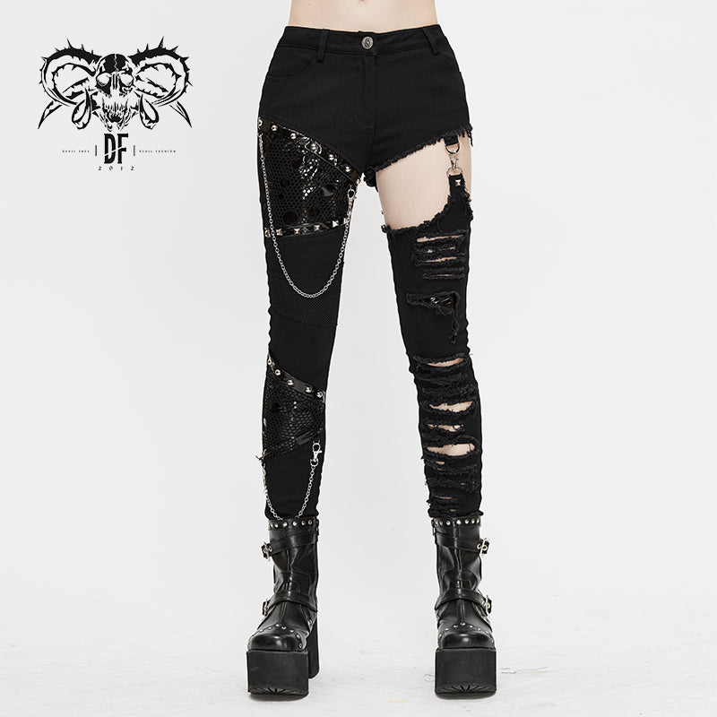PT121 Punk asymmetrical spliced broken hole women worn out pants with chains