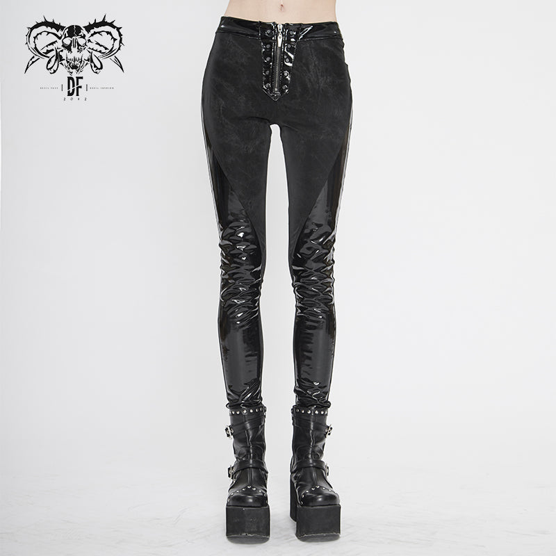 PT125 Women punk dark fringe patent leather spliced leggings