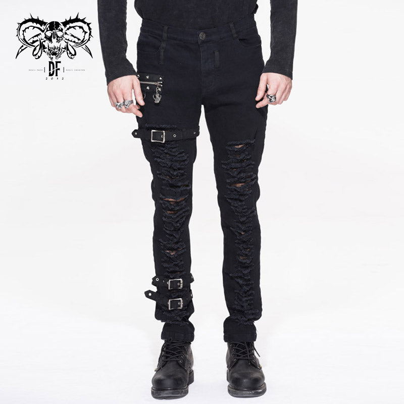 PT040 daily life wear men metallic punk broken holes trousers with loops