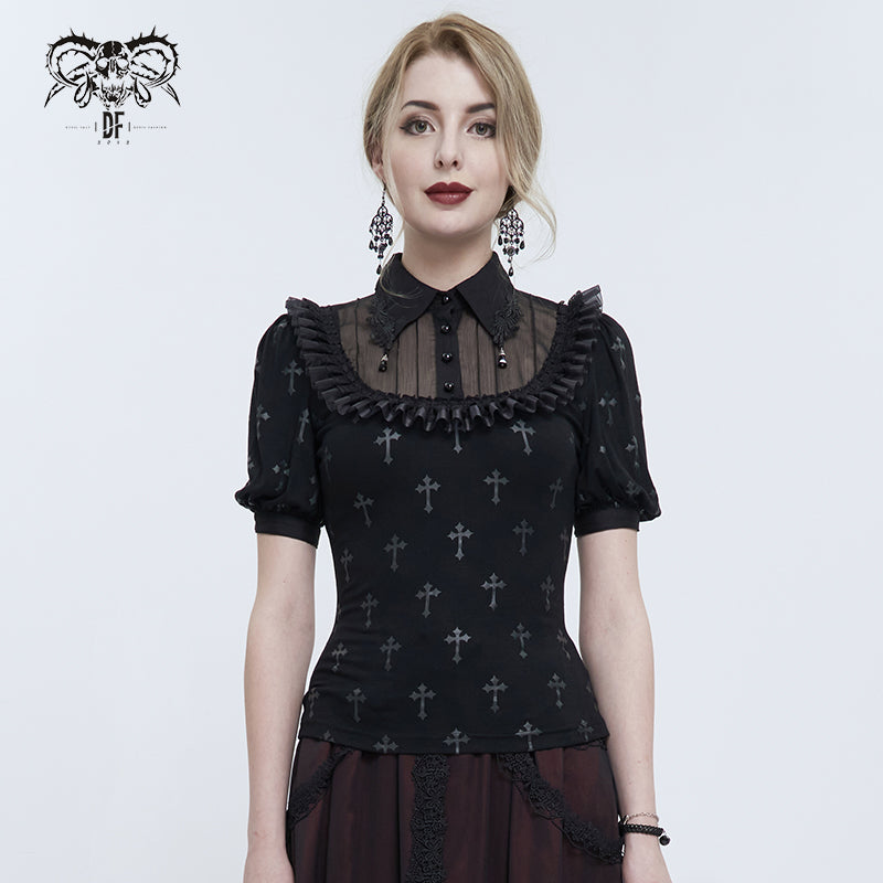 TT22201 Black Cross pattern Printed Short Sleeve T-Shirt