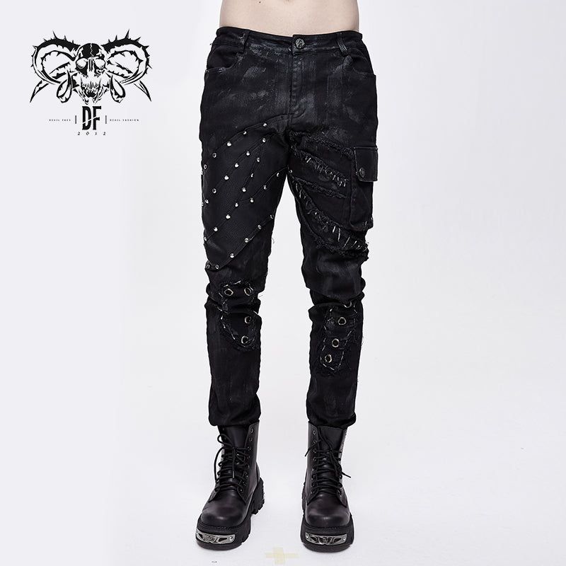 PT099 Men heavy metal patchwork hand painted distressed trousers with pockets