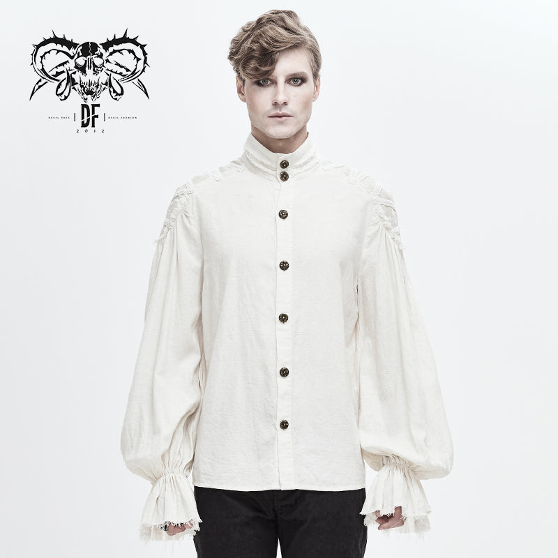 SHT04802 steampunk puff sleeve high collar cotton and linen men white shirts