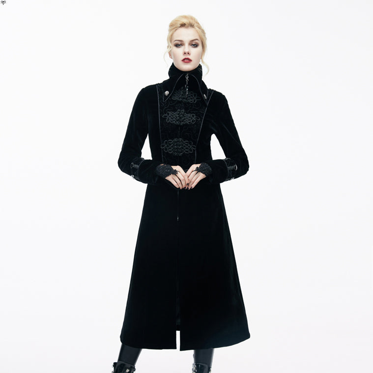 CT06101 Gothic black patchwork big chinese frog velveteen women long coat