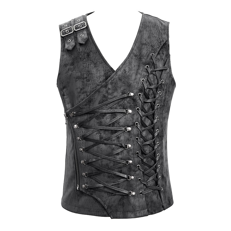 WT047 Autumn Punk rock fog-flower patterned lace up black men leather waistcoat