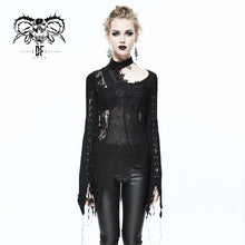Load image into Gallery viewer, SR004 Autumn asymmetric woollen broken holes lace spliced sexy ladies gothic black sweater
