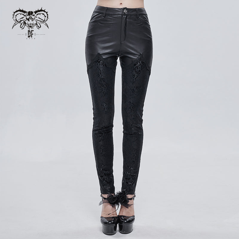 PT157 Gothic velvet printed basic style black women leather leggings