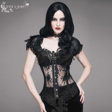 Load image into Gallery viewer, ECST001 Gothic adjustable steel buckles fishbone transparent lace corset with feather flowers
