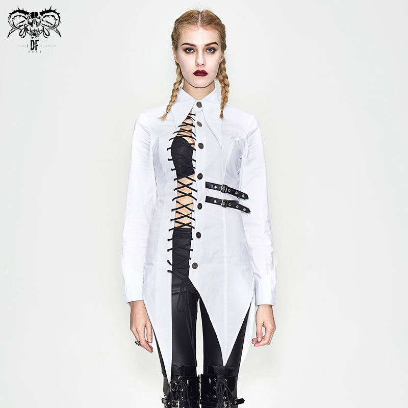 SHT037 everyday asymmetric white punk women cotton long blouse with dovetail