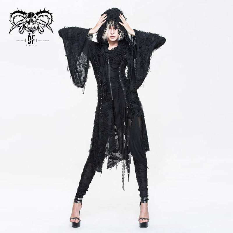 CT037 darkness ragged horn sleeve women punk long coat with cap and scarf