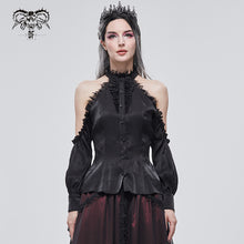 Load image into Gallery viewer, SHT08101 summer black fitted waist sexy women off the shoulder vertical striped lace Gothic blouse
