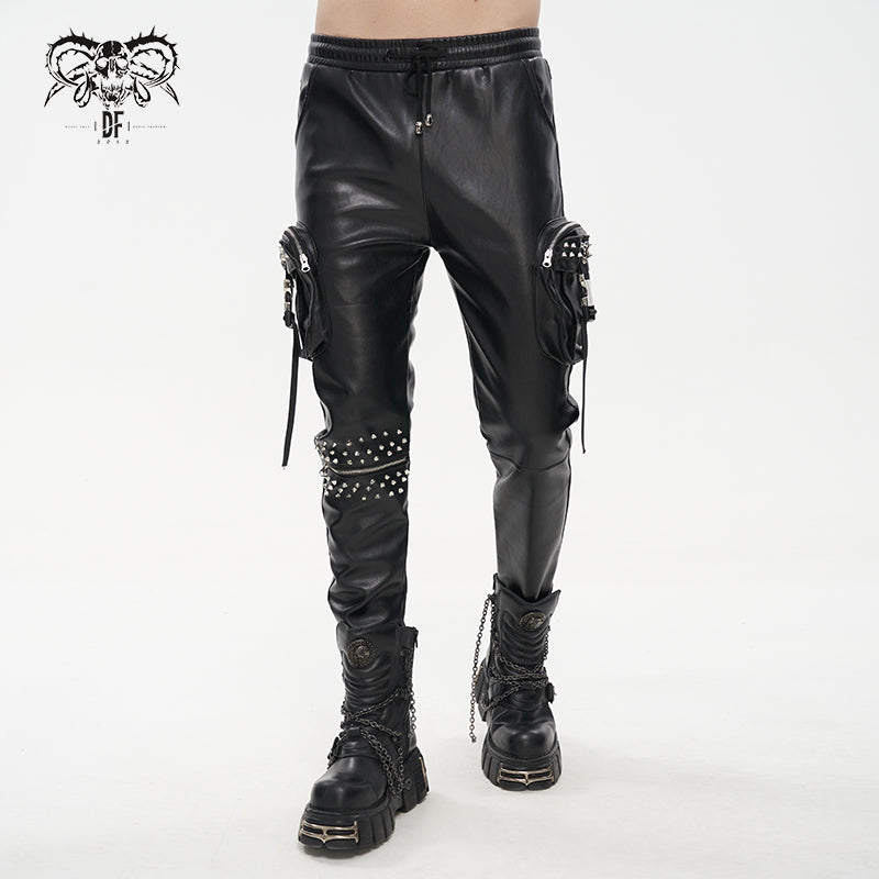 PT184 Men's side pockets metal decoration leather feet pants