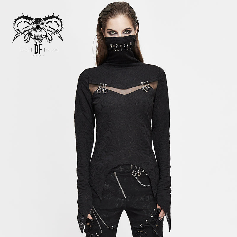 TT152 Punk black turtleneck dark pattern winter long sleeves sexy women t-shirts