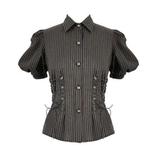 Load image into Gallery viewer, SHT043 Steampunk bubble short-sleeved striped brown women slim cotton blouse
