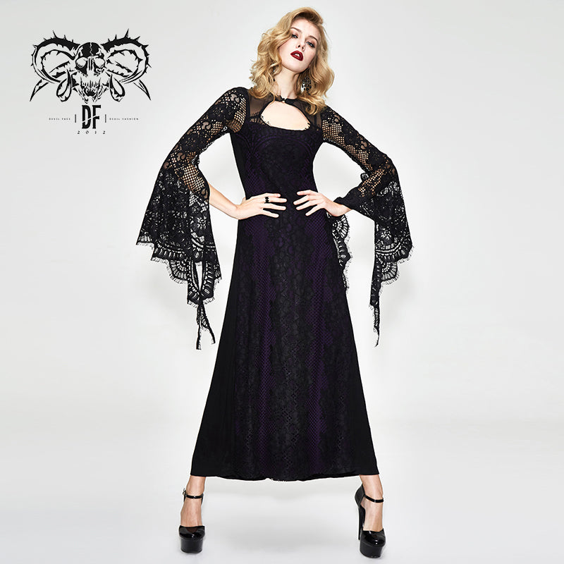 SKT083 Gothic purple positioning flower elegant women lace flared long sleeves dress