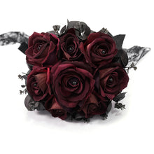Load image into Gallery viewer, EAS013 handmade Gothic wedding red roses bridal bouquet with black ribbons and lace
