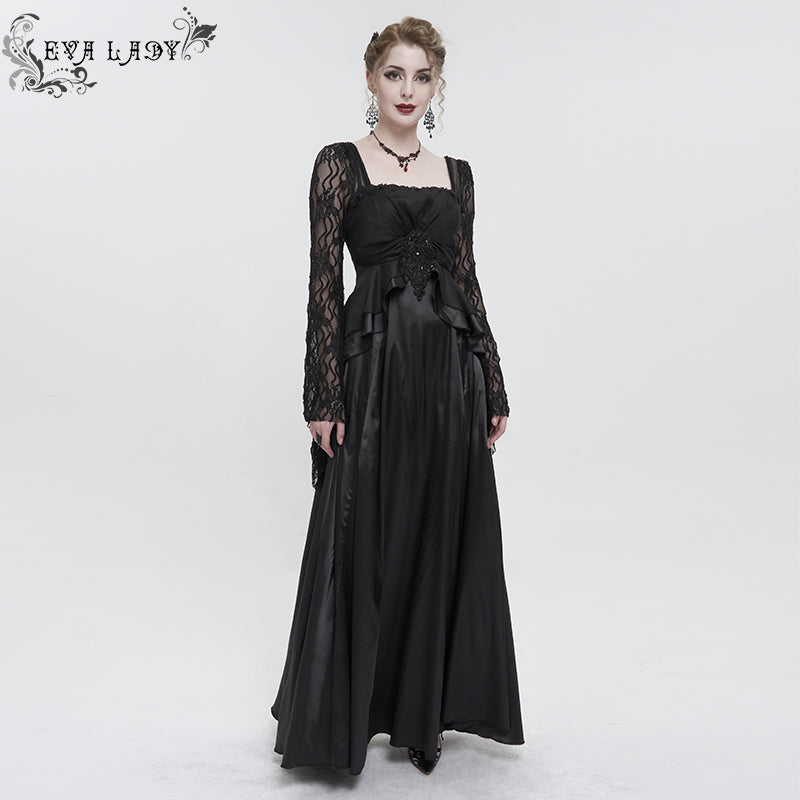 ESKT03701 Black Satin Lace Long Sleeve Gown Dress