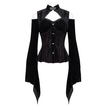 Load image into Gallery viewer, ESHT012 Autumn dark wine cut out chest off the shoulder flare sleeves sexy women gothic blouse
