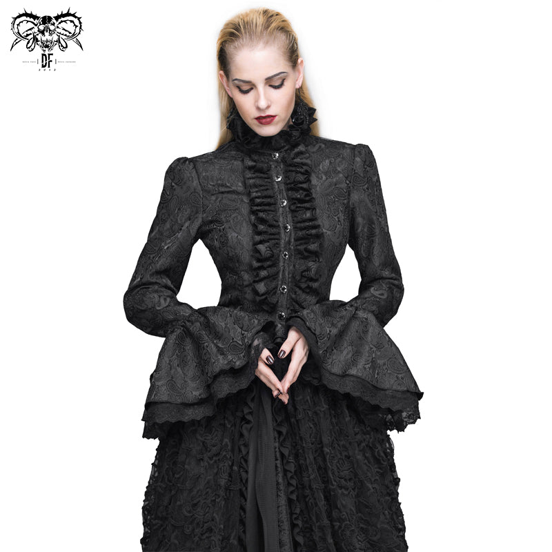 SHT01701 Women short front and long back flared sleeves Gothic black ruffled lace blouse