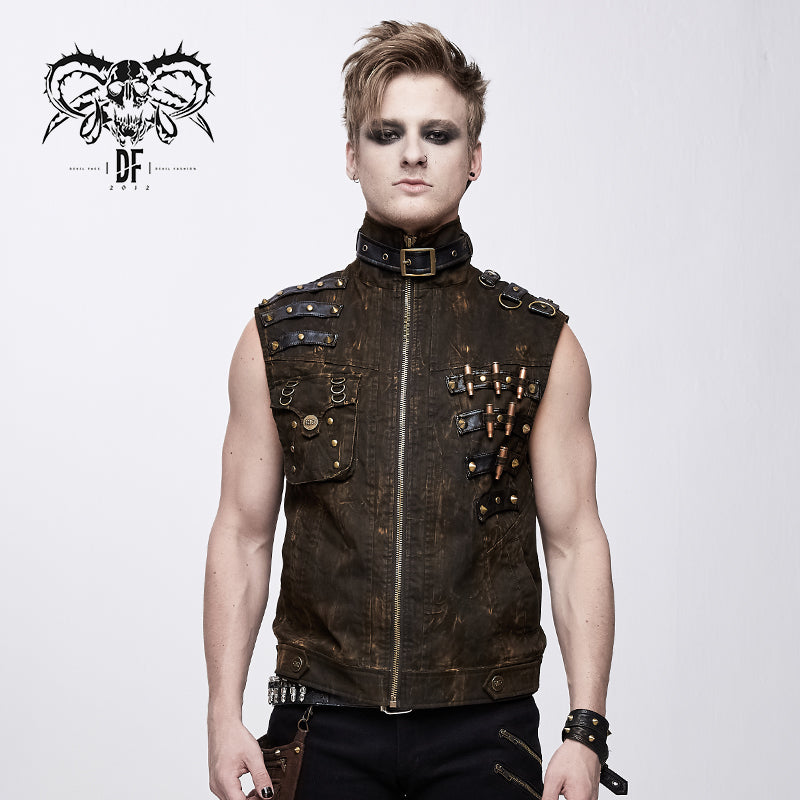 WT038 brown steampunk high collar lace up back zipper up men waistcoat with pockets