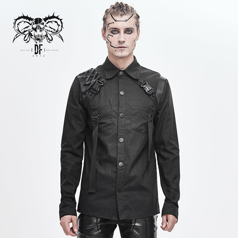 SHT045 cyberpunk metallic dark long sleeves men bamboo shirt with straps